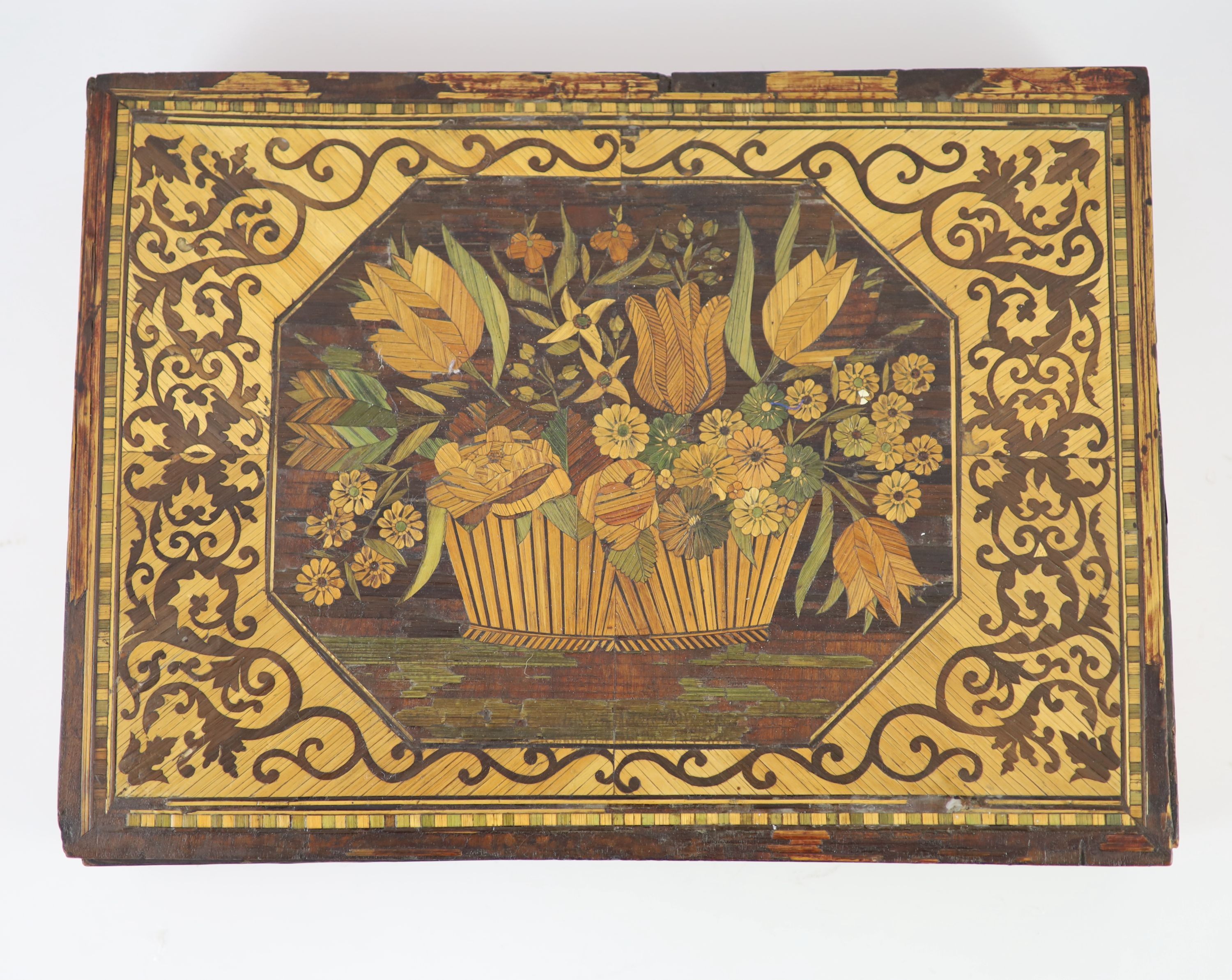 A 19th century coloured straw work box and detachable cover